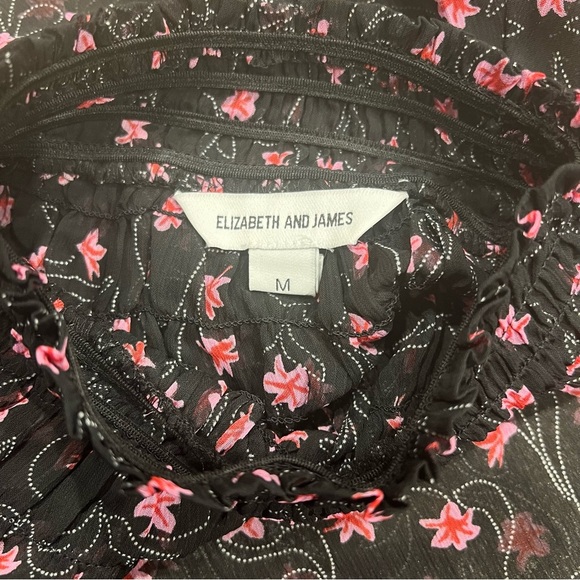 Elizabeth and James Blouse Sz M Woman’s High Neck Black Pink Floral Ribbed Sheer - Picture 10 of 16
